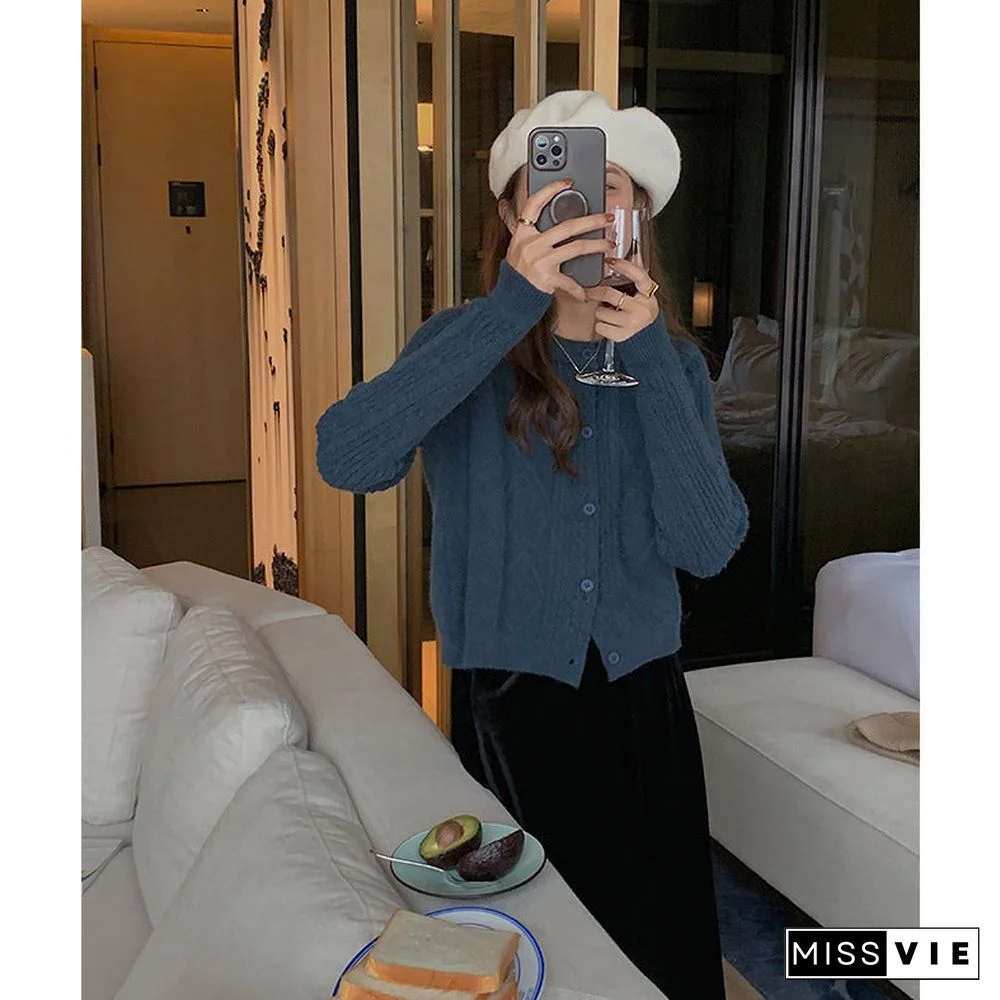 Casual Buttoned Solid Color Retro Cardigan