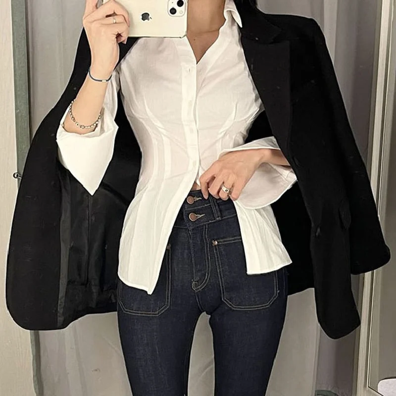 Rapcopter Y2K Button Crop Top Ruched Full Sleeve T Shirt Turn Down Collar Retro Elegant Cardigans Women Corset Tee Korean New