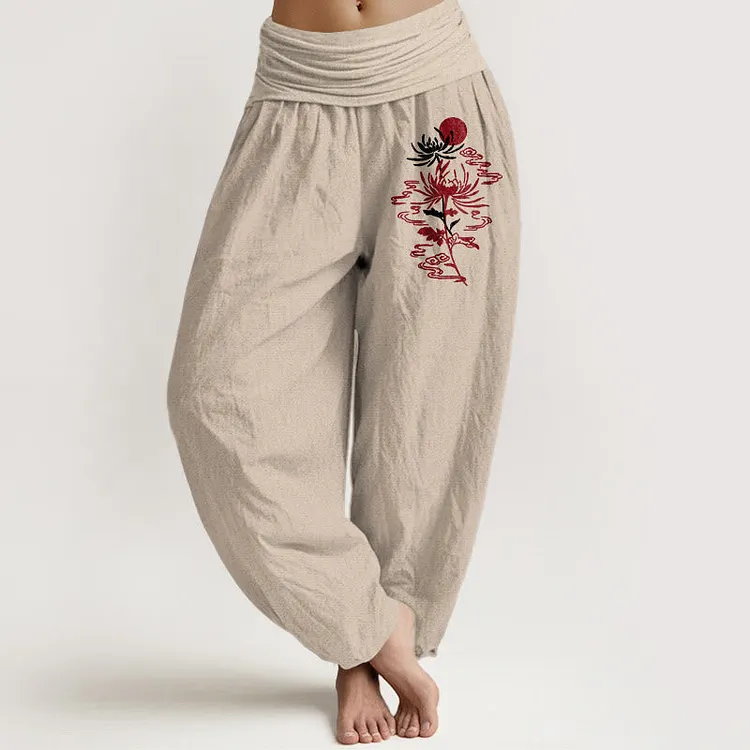 Chrysanthemums Sun Pattern Women's Elastic Waist Harem Pure Cotton Pants