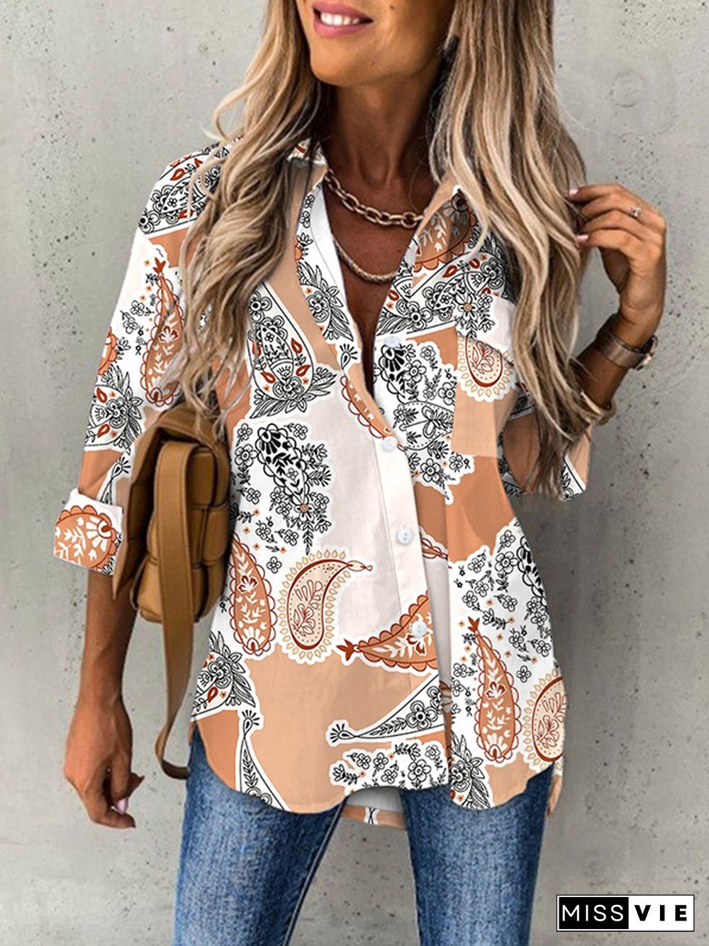 Casual Printed Shirt Collar Long Sleeve Blouse