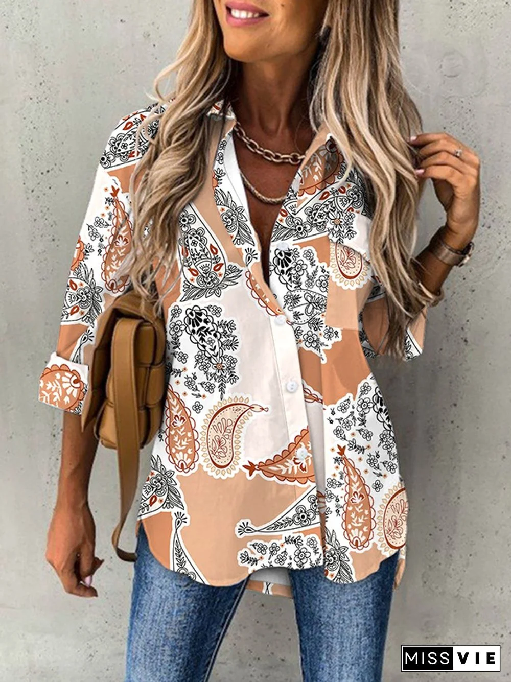 Casual Printed Shirt Collar Long Sleeve Blouse