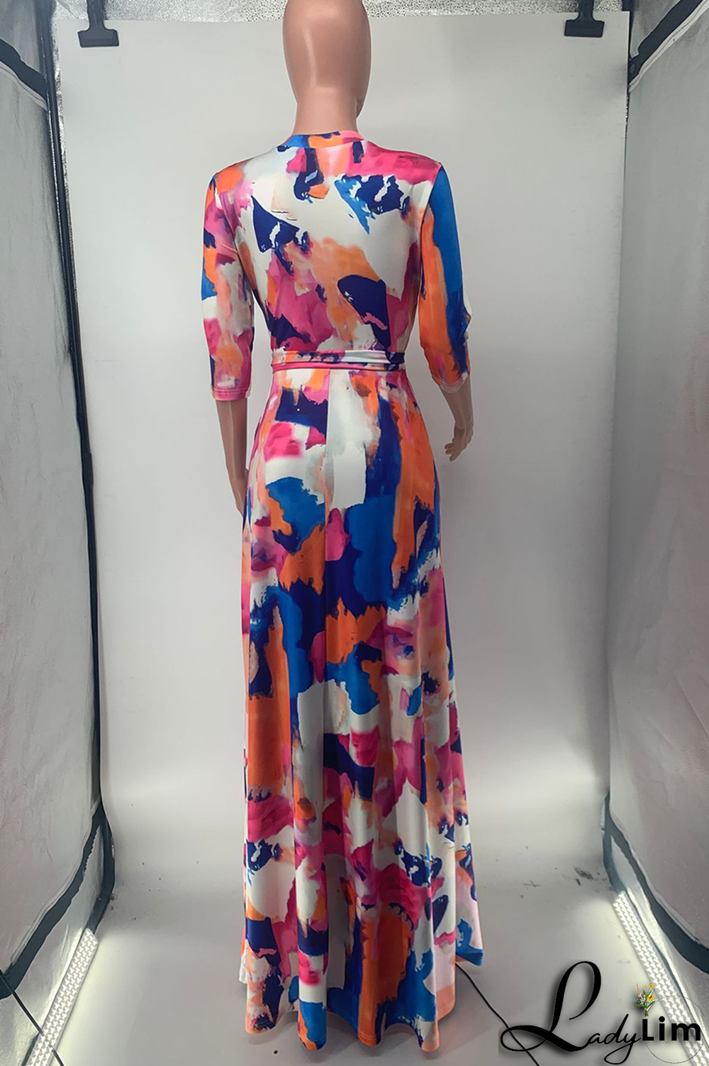 Colour Casual Print Split Joint V Neck Waist Skirt Dresses