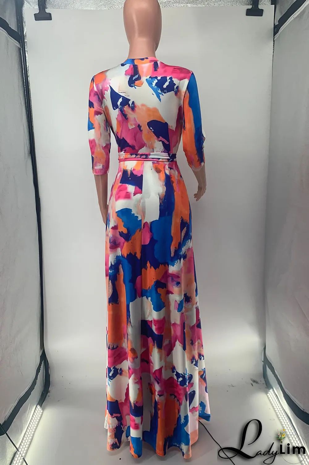 Colour Casual Print Split Joint V Neck Waist Skirt Dresses