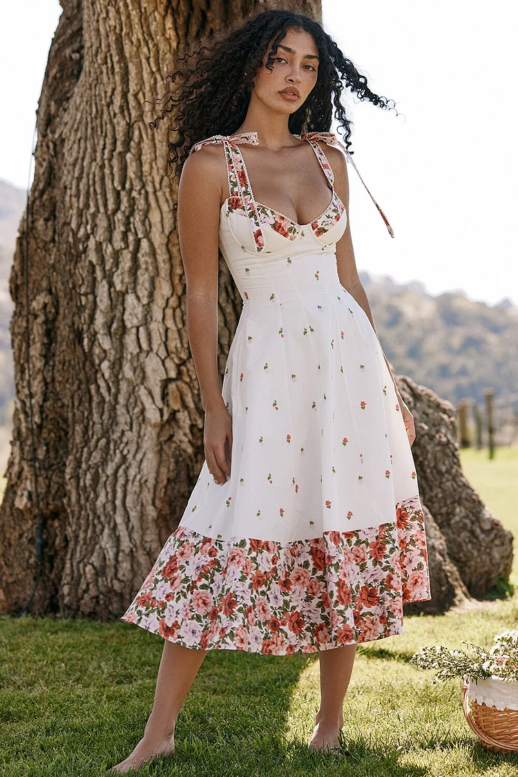 Tie Up Shoulder Straps Cinch Waist Floral Print Midi Dresses-White [Pre Order]