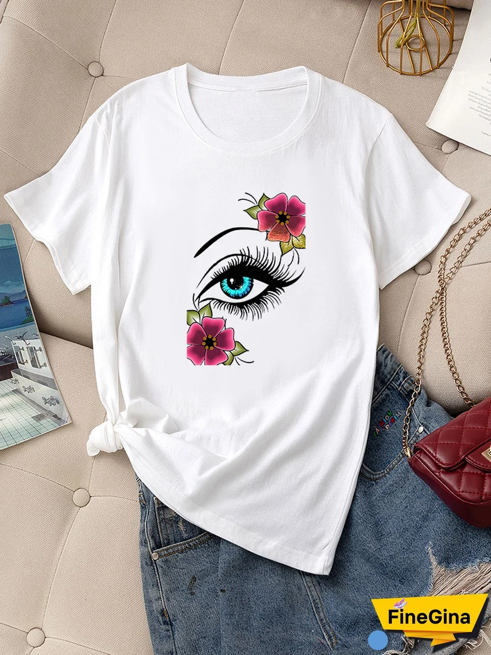 Casual Summer Daily T-shirt Women 100% Cotton Short Sleeve Rose Eye Print Female Graphic Fashion T Shirt Ladies O-Neck Tees Tops