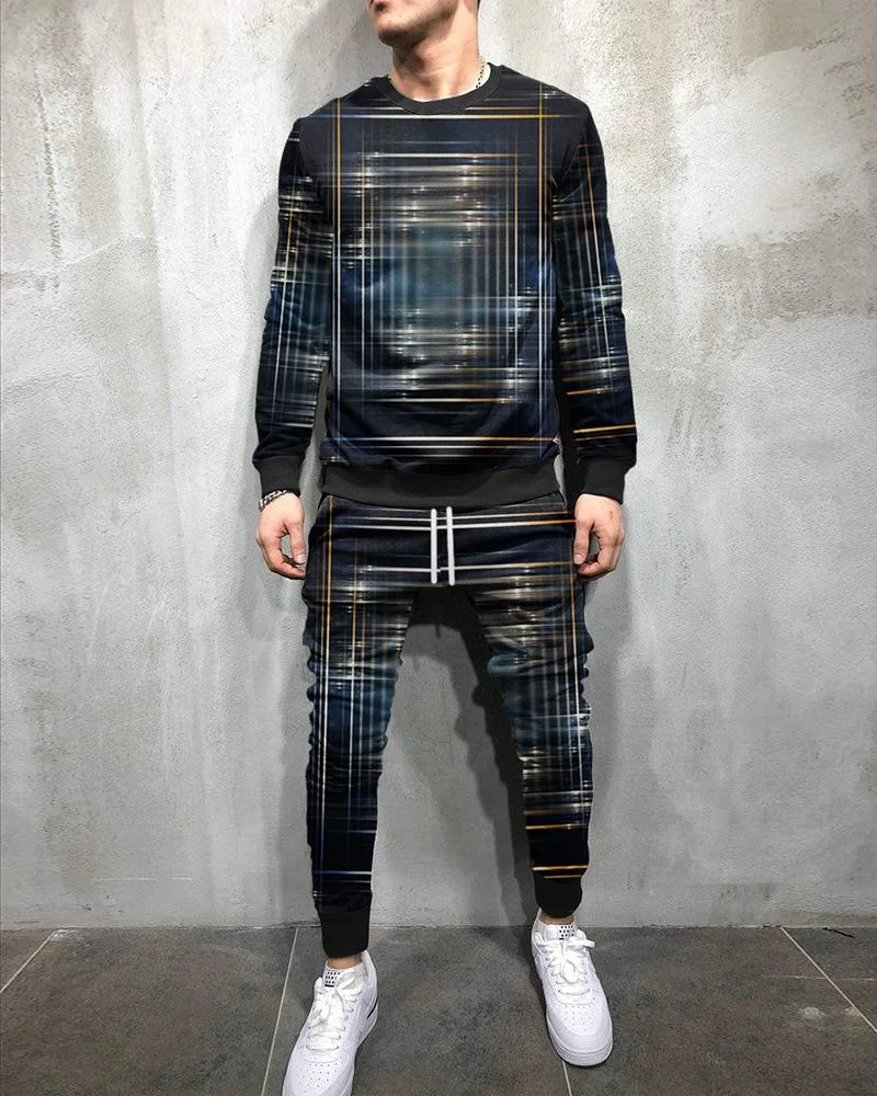 Men's Fashion Dark Blue Abstract  Printing Long-sleeved Suit