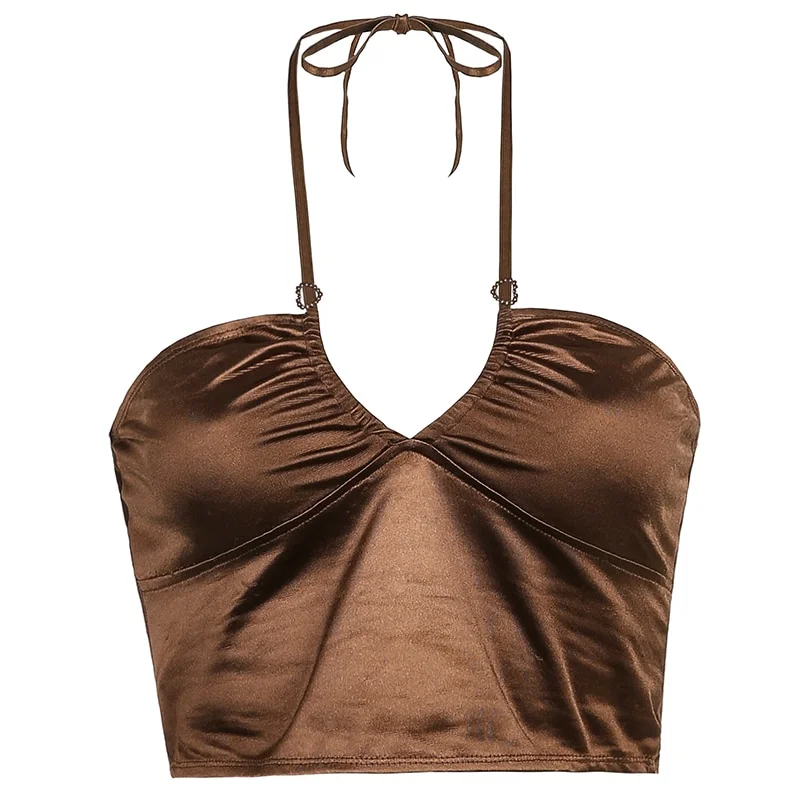 Ueong HEYounGIRL Sexy Strappy Brown Halter Crop Top Women Summer Backless Cami Tops Tees Ladies Fashion Fitness Camisole Party