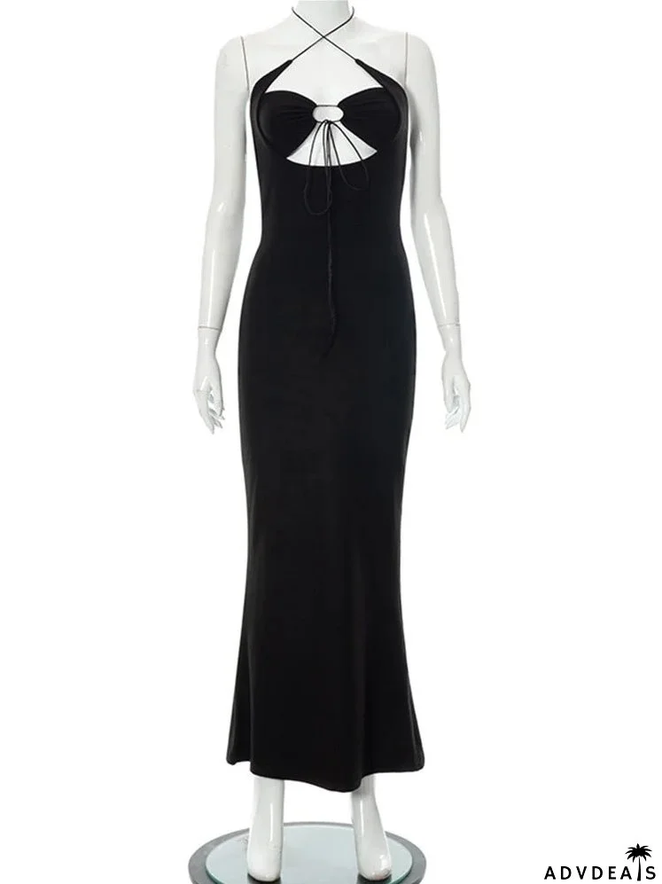 Halter Sexy Backless Hollow Out Tie Up Women Sleeveless Summer Club Party Outfits Vestidos