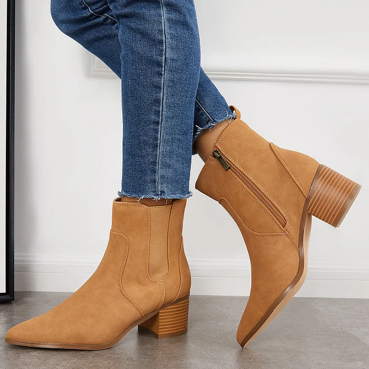 Pointed Toe Western Cowboy Booties Chunky Heel Chelsea Ankle Boots