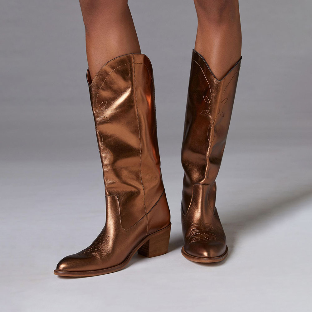 Brown Metallic Round Toe Mid-Calf Cowgirl Boots with Chunky Heel Nicepairs