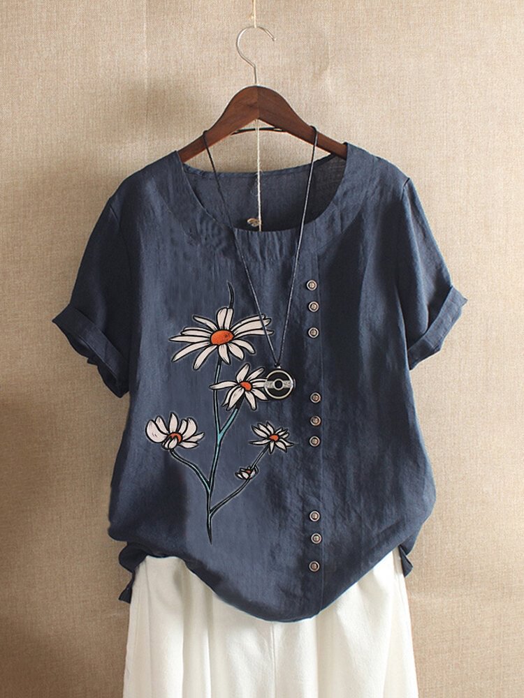 Floral Printed Overhead Short Sleeve Button O Neck T shirt P1659149