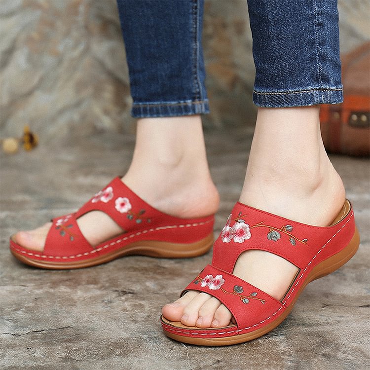 Petal Embroidered Wedge Sandals