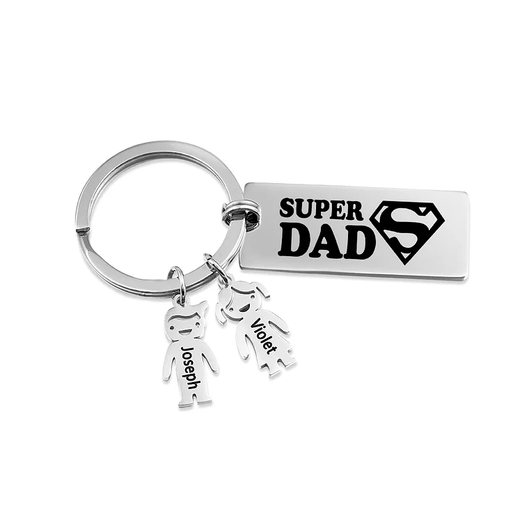 Father's Day Gift Personalized Super Dad Keychain Engraved 2 Kid Charms
