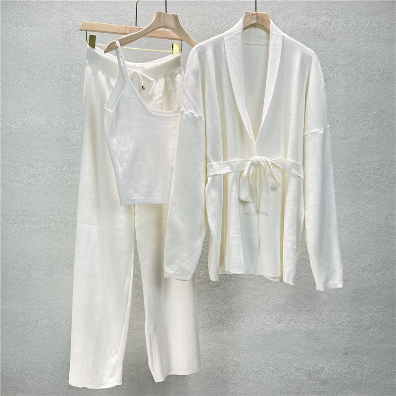 Ootddress Autumn Knit 3 Piece-Set For Women Outfits Lace-Up Vest Outwear Wide Leg Trousers Outfits Casual Solid Pleated Ladies Sets