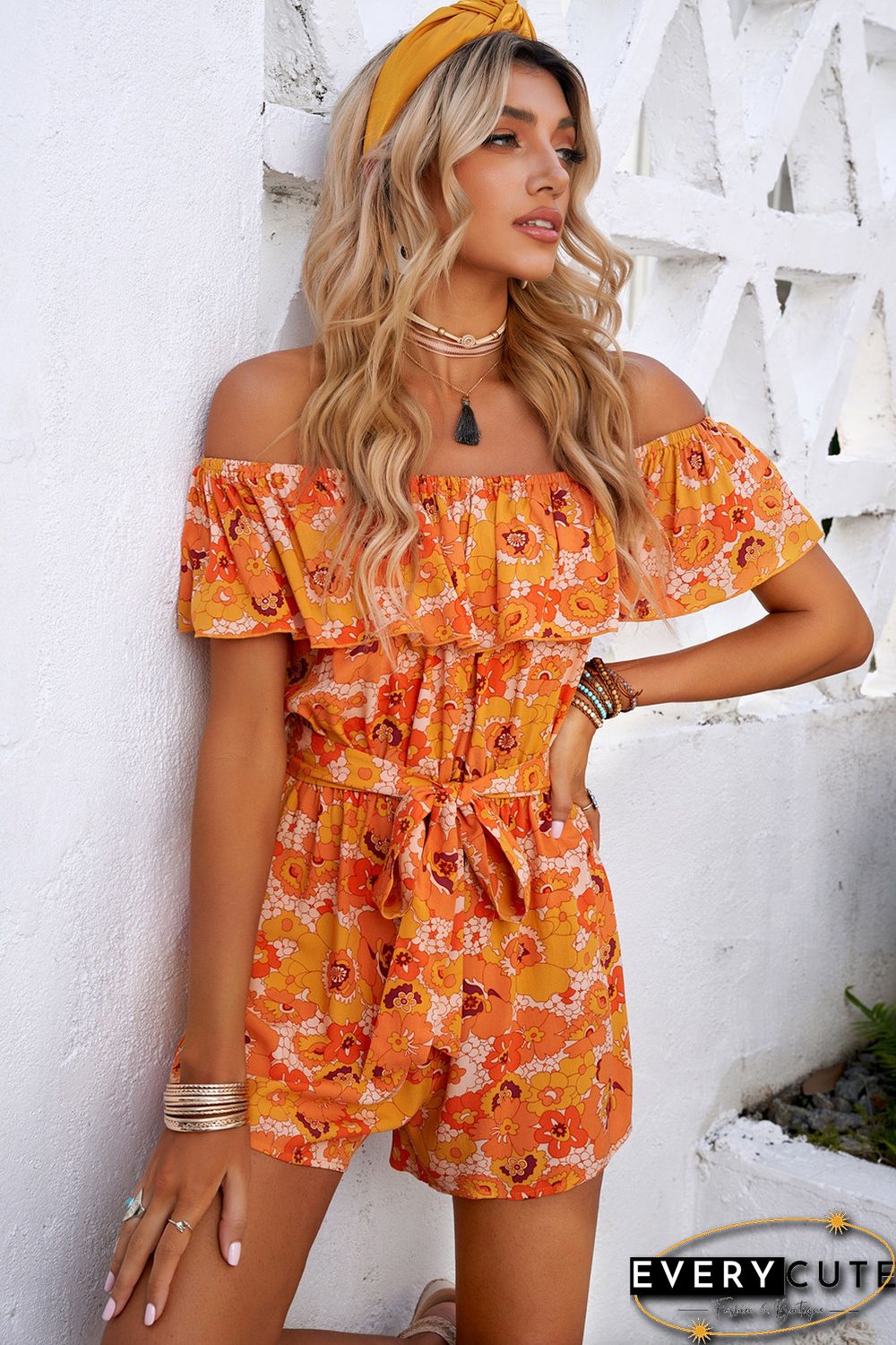 Orange Floral Print Flounce Belted Off Shoulder Romper