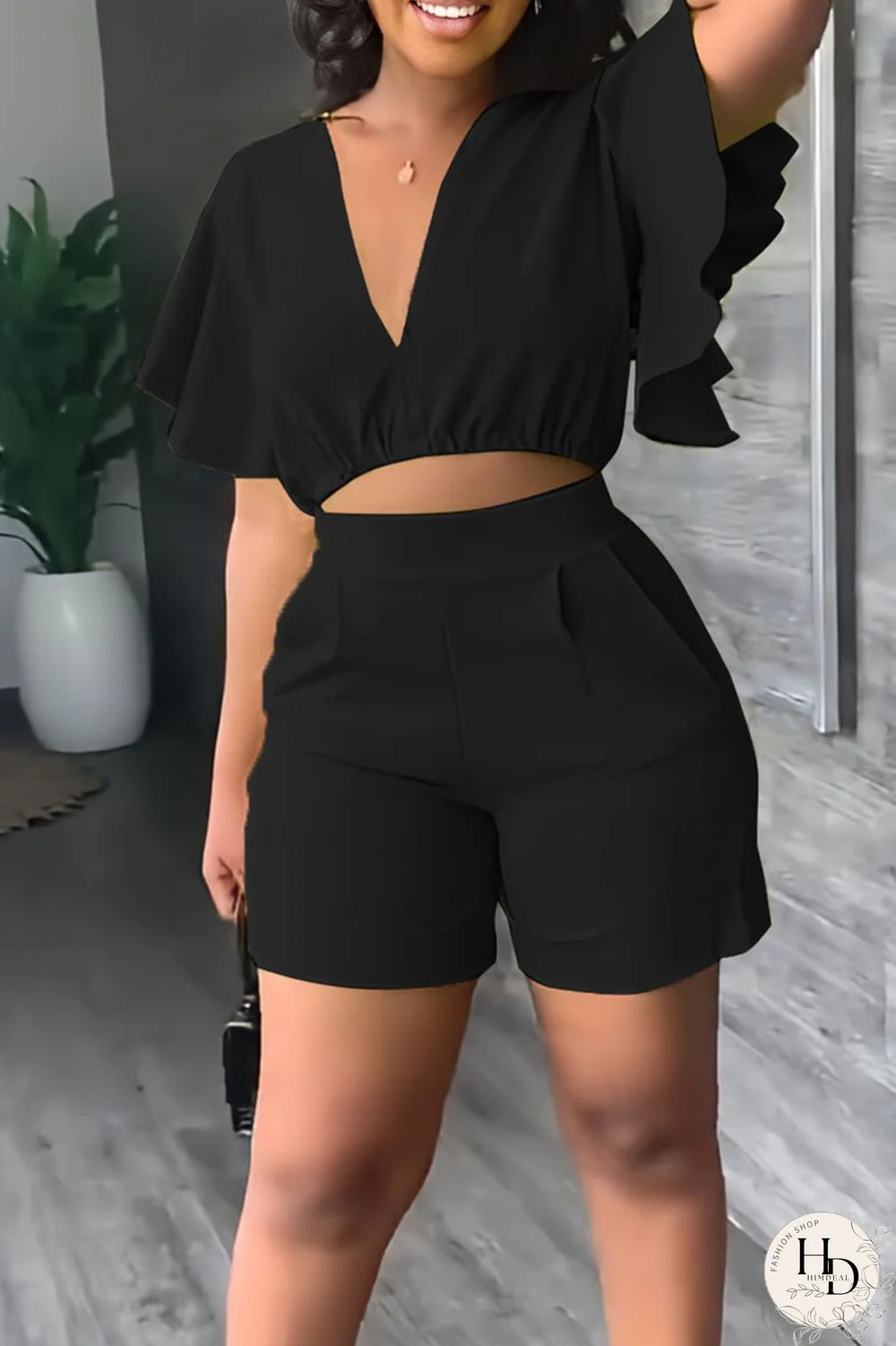 Black Casual Solid Patchwork Flounce V Neck Short Sleeve Two Pieces