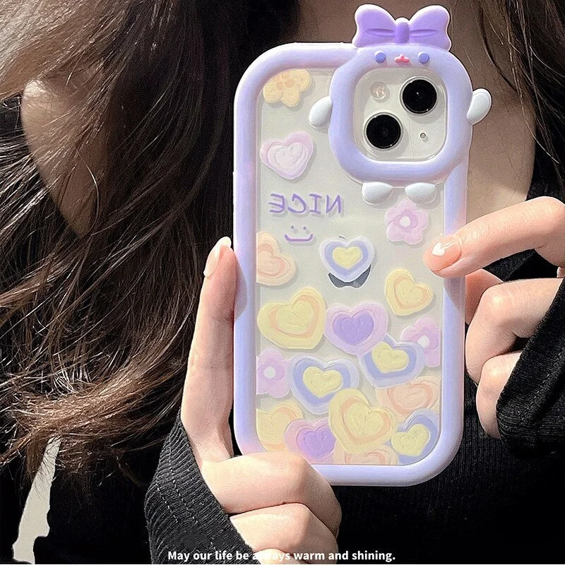 Japan Cute Cartoon Purple Monster Lens Protective Phone Case For iPhone 13 12 11 Pro XS Max X XR INS Love Heart Clear Soft Cover