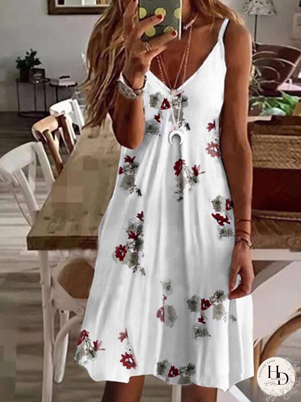 V-neck loose pineapple floral print suspender dress Loosen Dresses
