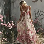 Vintage Romantic Floral Lace Embroidery Boho Women's Spaghetti Strap Maxi Dress - Image 2
