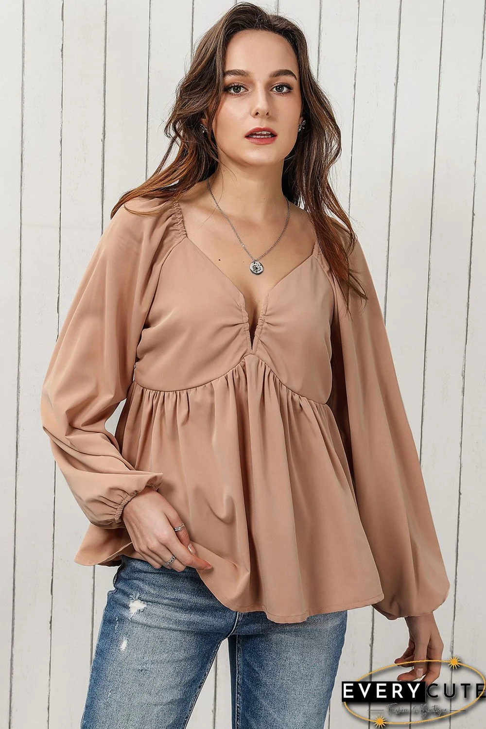 Orange Notched V-Neck Smocked Back Peplum Blouse