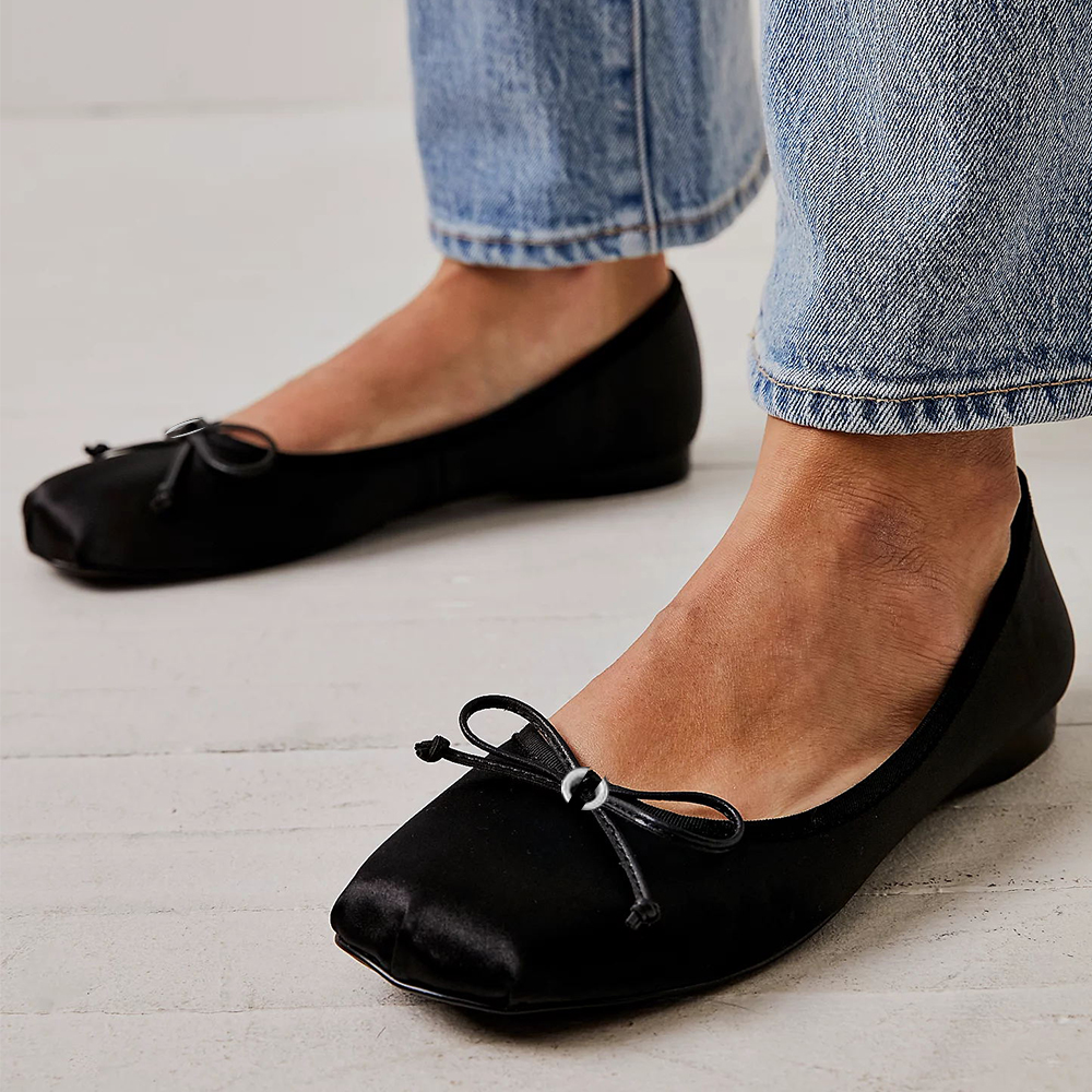 Black Satin Square Toe Flats With Bow Decor Women's Flats Nicepairs