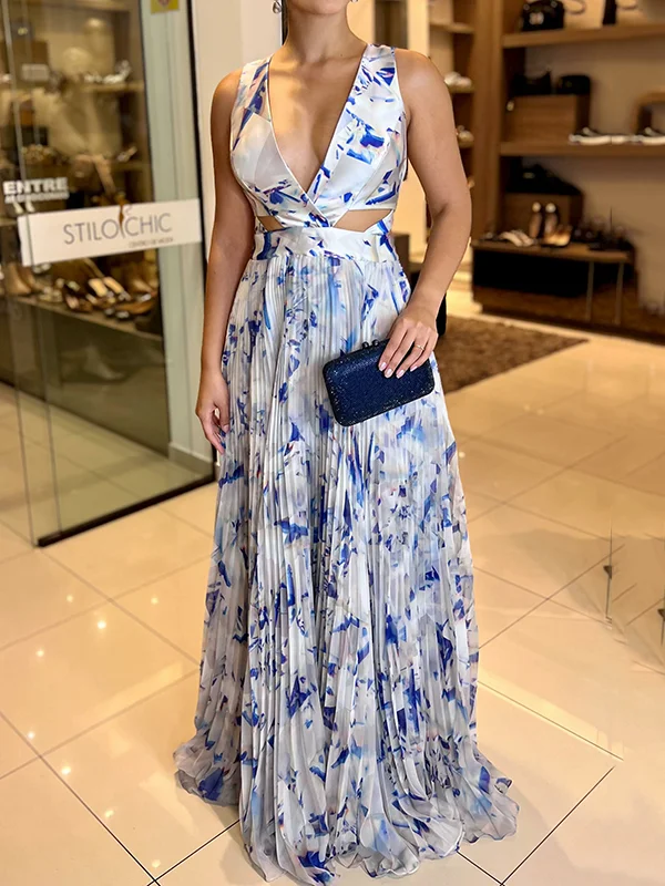 Belly-Hollow Floral Printed Sleeveless V-Neck Maxi Dresses