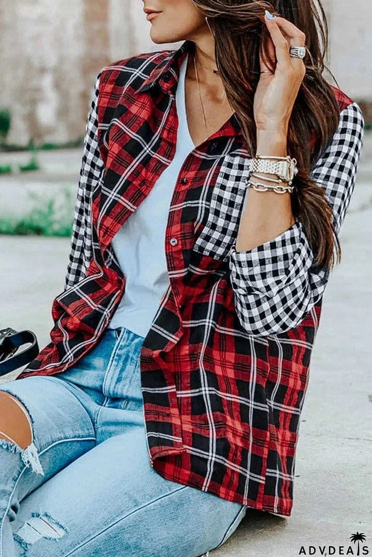 Plaid Splicing Hit Color Pockets Turndown Collar Long Sleeve Shirt