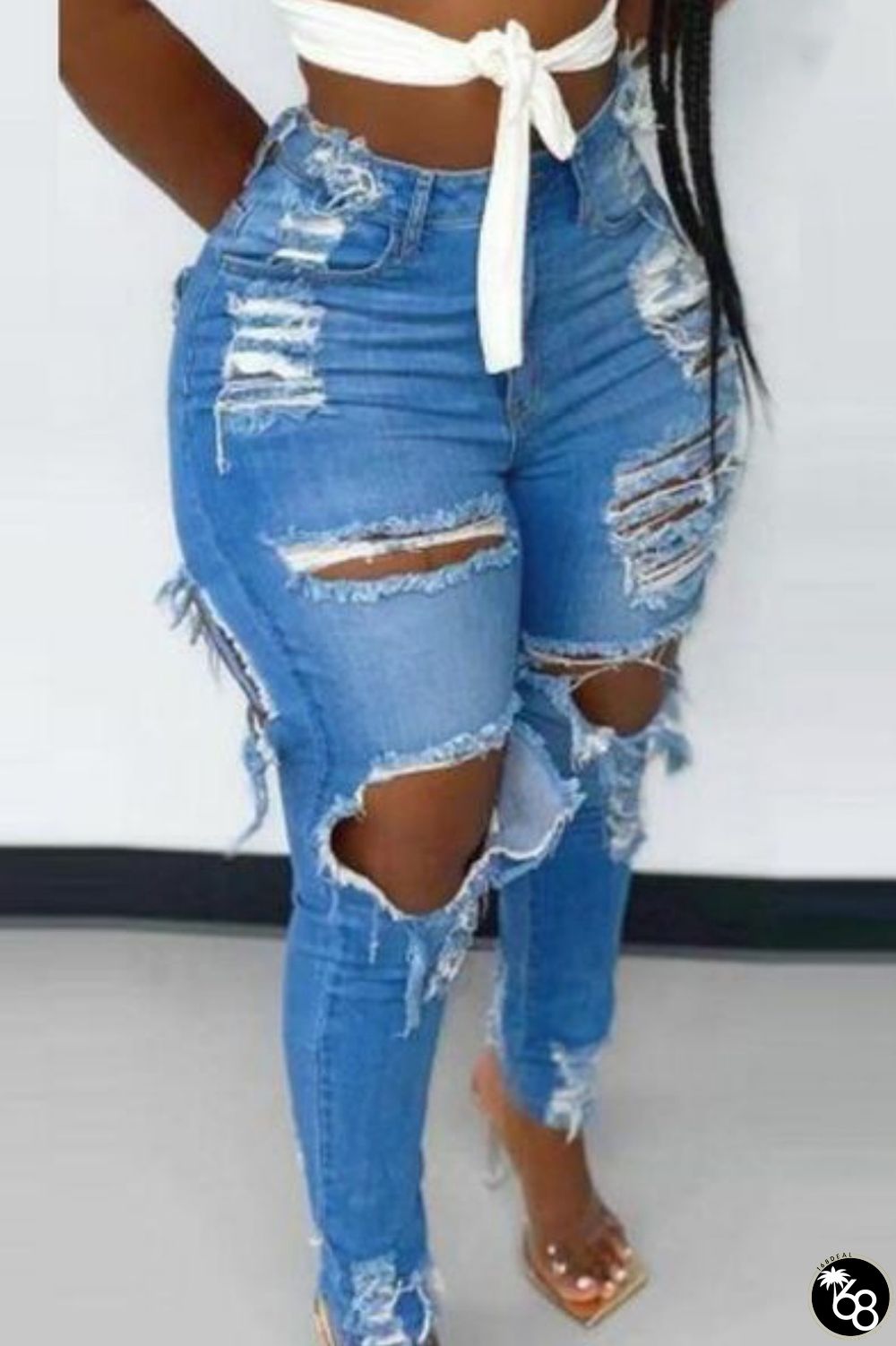 Casual Solid Ripped High Waist Skinny Denim Jeans  | 168DEAL