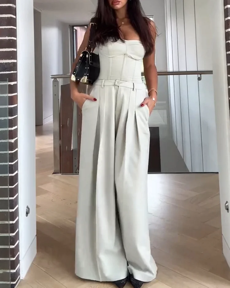 Women's solid color pants tube top suit