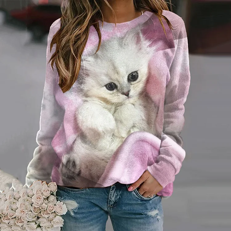 Cat Print Casual Long Sleeve Sweatshirt