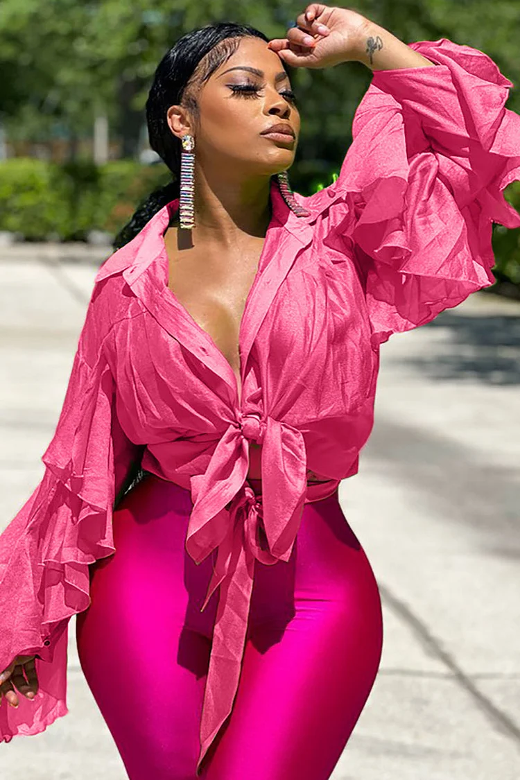 Petal Sleeve Button Lapel Knotted Blouse