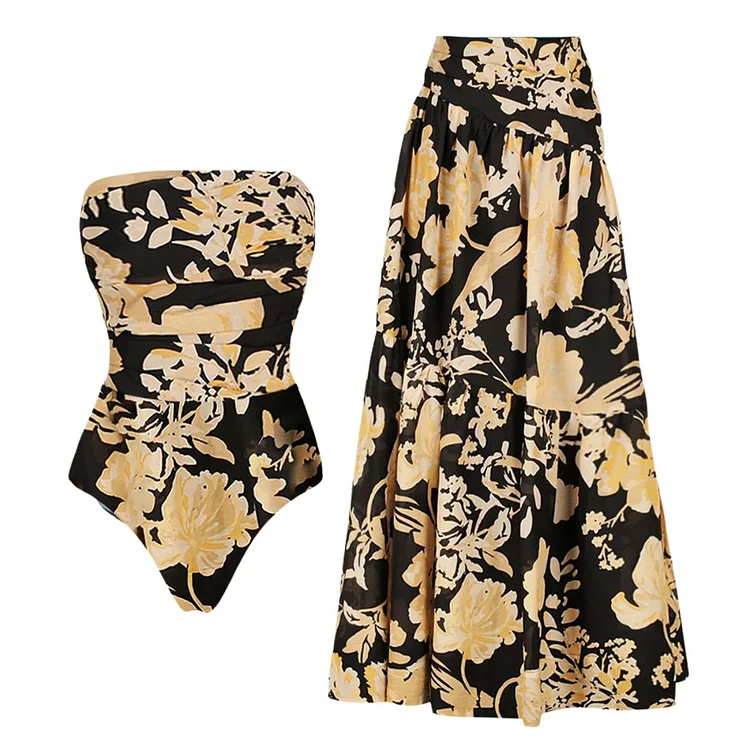 Off Shoulder Flower Printed One Piece Swimsuit and Skirt