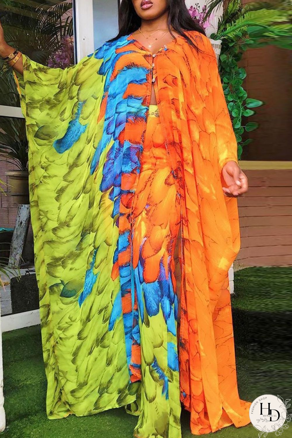 Tangerine Red Fashion Casual Print Slit Long Sleeve Two Pieces