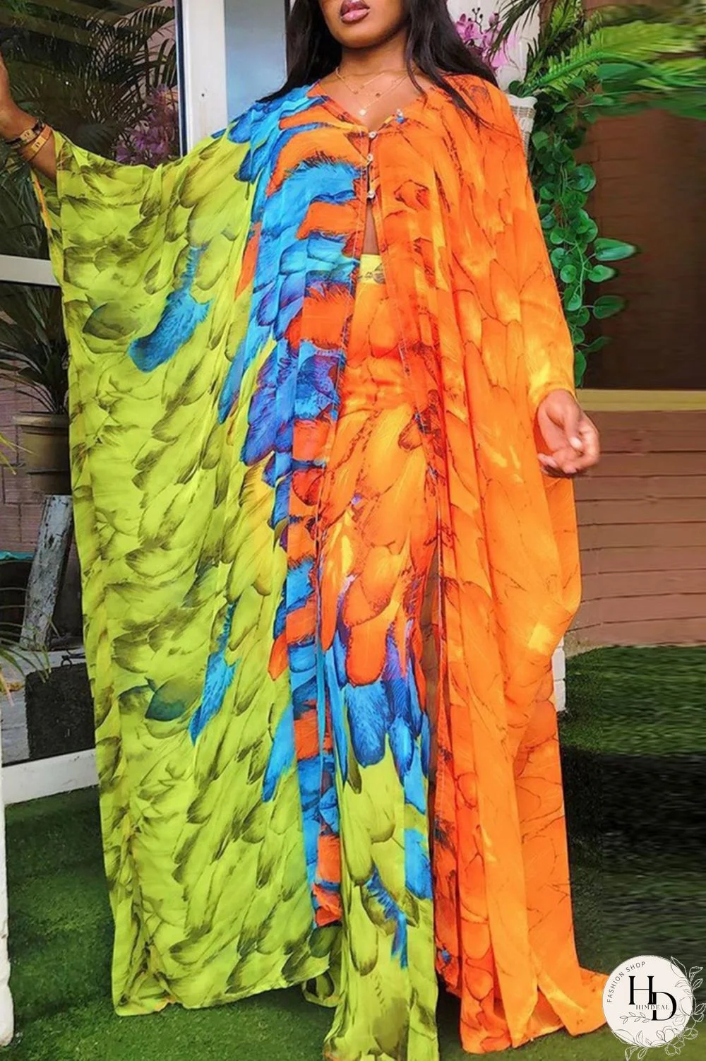 Tangerine Red Fashion Casual Print Slit Long Sleeve Two Pieces