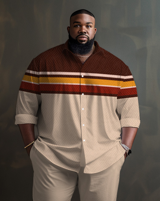 Men's Big & Tall Simple Stripes with Contrasting Colors Long Sleeve Lapel Shirt Set