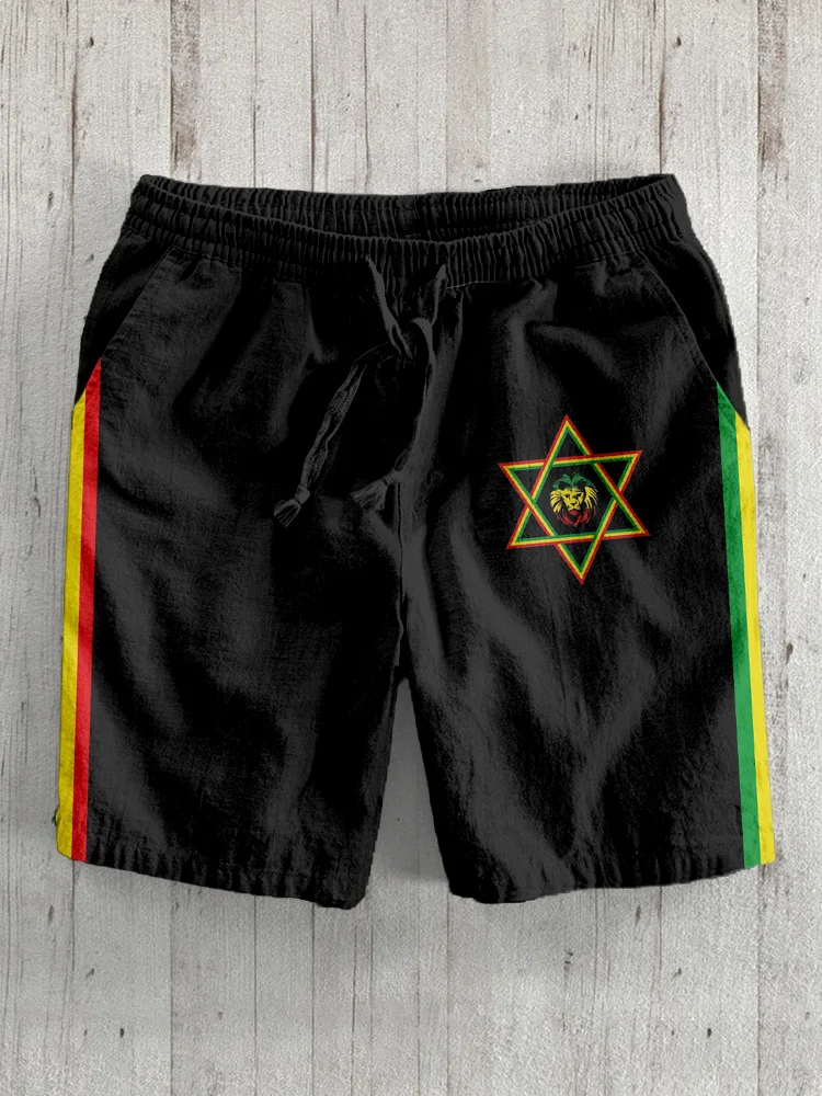 Men's Reggae Lion Rasta Striped Linen Blend Shorts