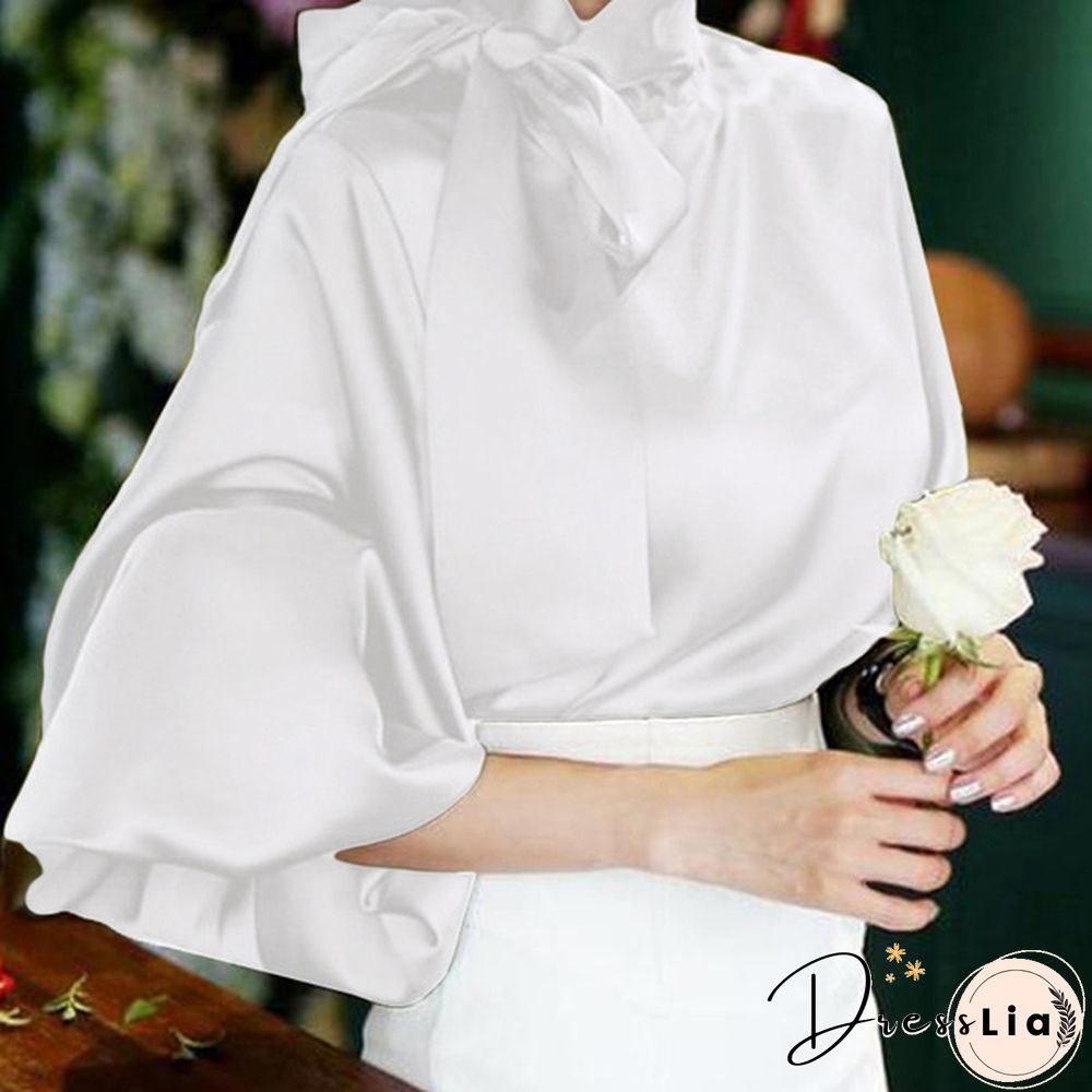 Fashion Elegant Women Blouse Casual High Collar Lantern Sleeve Blusas Bow Tops OL Office Lady Shirt Plus Size