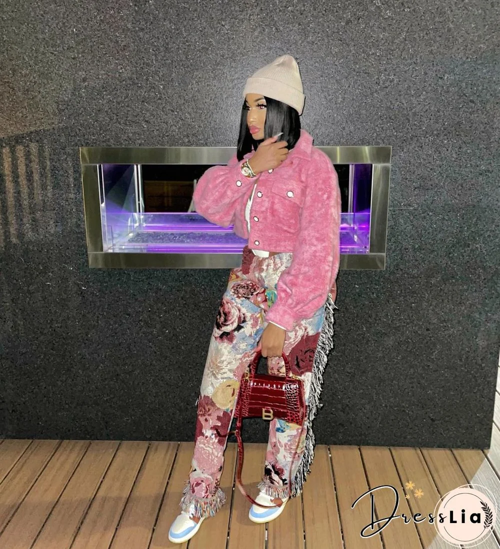 Side Tassels Patchwork Elastic Waist Women Print Jogger Pant