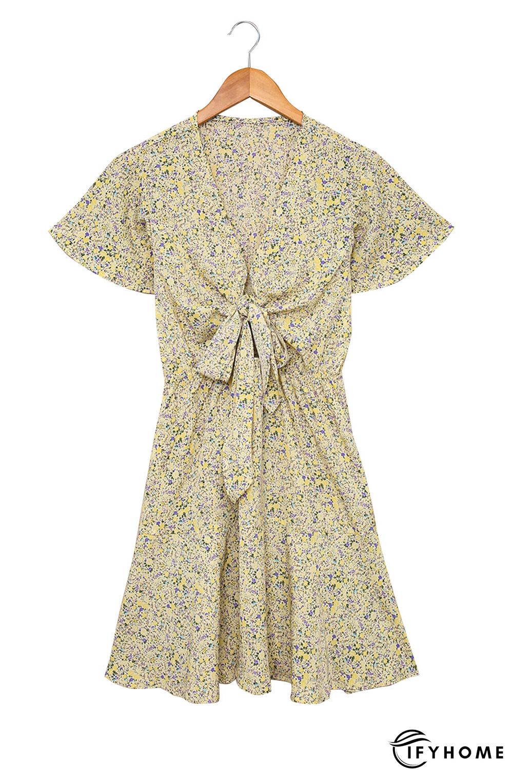 Floral Print Tie Knot Ruffled Short Sleeve Mini Dress | IFYHOME