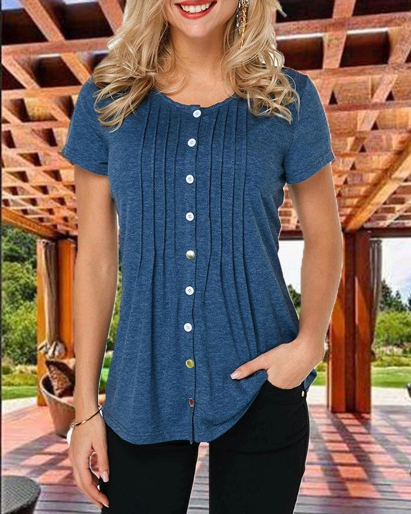 Crinkle Chest Button Up Navy Blue T Shirt