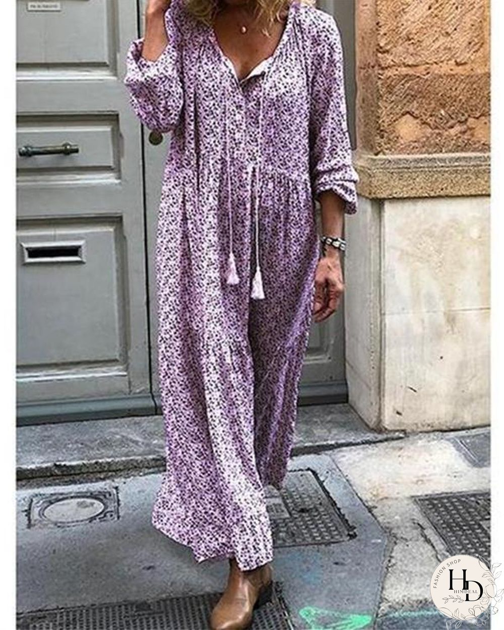 Women Shift Boho Floral Maxi Dresses Long Sleeve V Neck Dresses