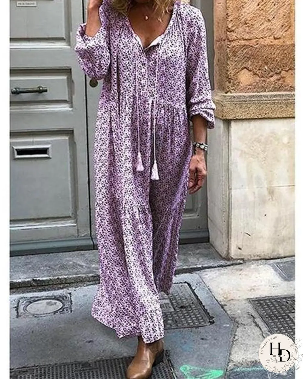 Women Shift Boho Floral Maxi Dresses Long Sleeve V Neck Dresses