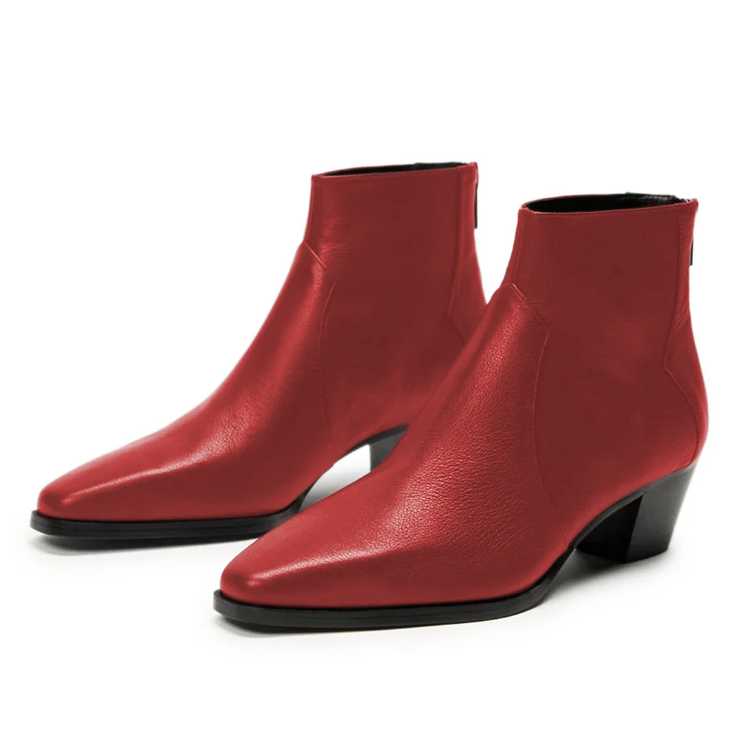 Vegan Leather Back-Zip Maroon Ankle Boots with Classic Block Heel