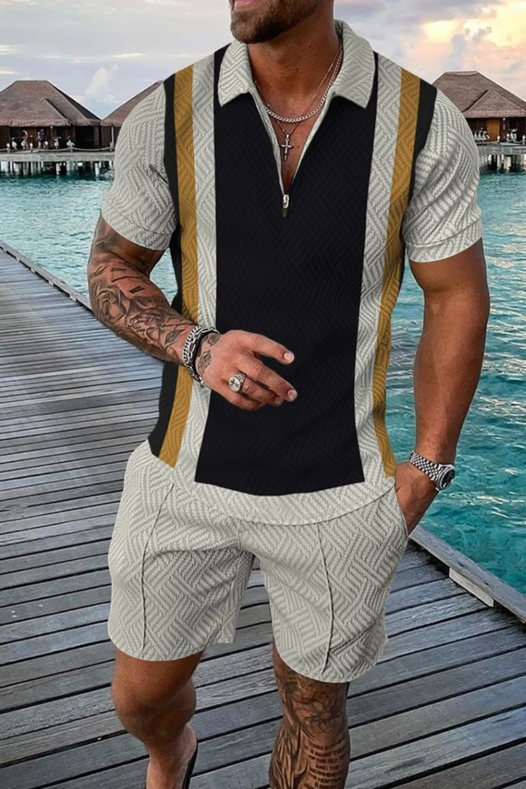 Tiboyz Panelled Casual Outfits Short Sleeve Polo And Shorts Set