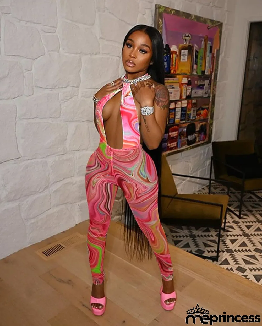 Sexy Printed Halter Backless Hollow Jumpsuit