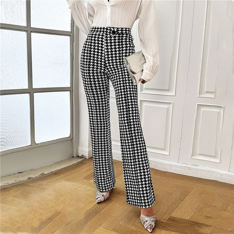 Houndstooth Print Bell Bottom Thick Pants