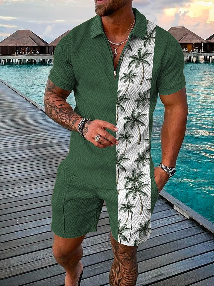 Men's Resort Coconut Print Green Polo Suit