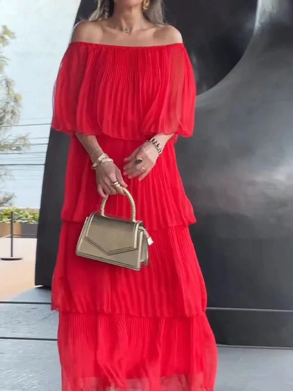 Pleated Off-The-Shoulder Cake Elegant Maxi Dresses