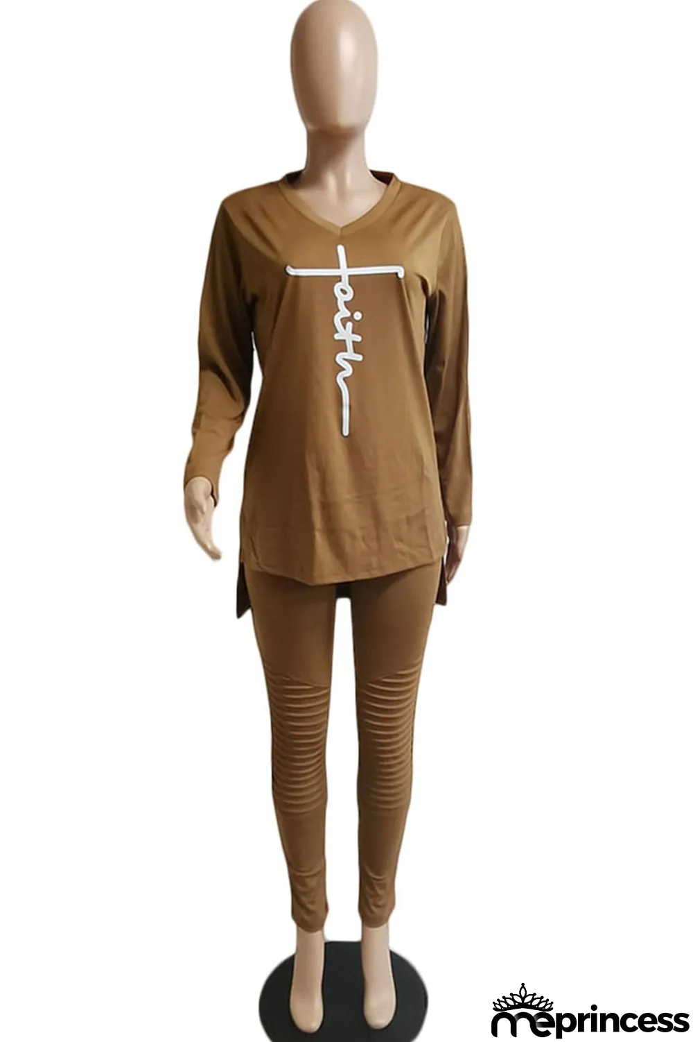 Yellow Casual Print Split Joint Asymmetrical V Neck Long Sleeve Two Pieces