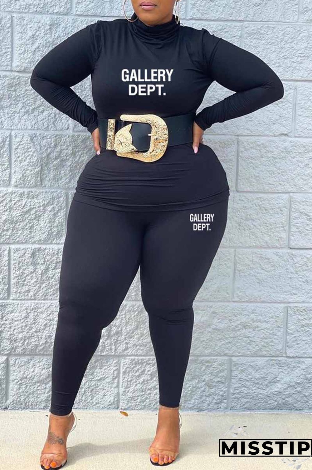 Black Casual Print Letter Turtleneck Plus Size Two Pieces